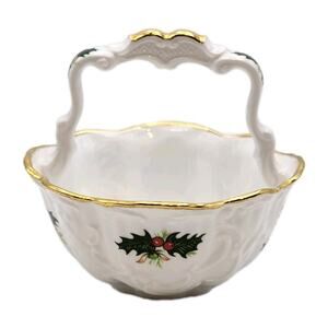 Queen's Yuletide Rosina China Co. Scalloped Basket Gold Rim Holly Berry England